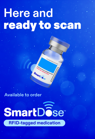 Text reading "SmartDose, RFID-tagged medication, I may be small but what I do is huge" and image of SmartDose vial